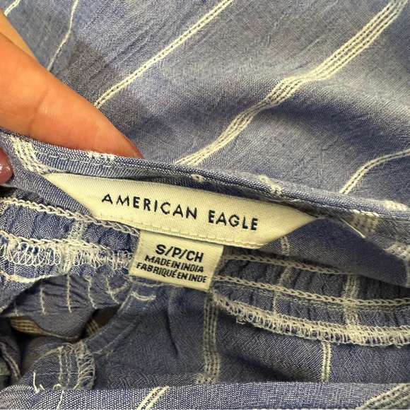 American Eagle Blue pinstripe Smocked Crop Tie Front Blouse - Picture 5 of 6